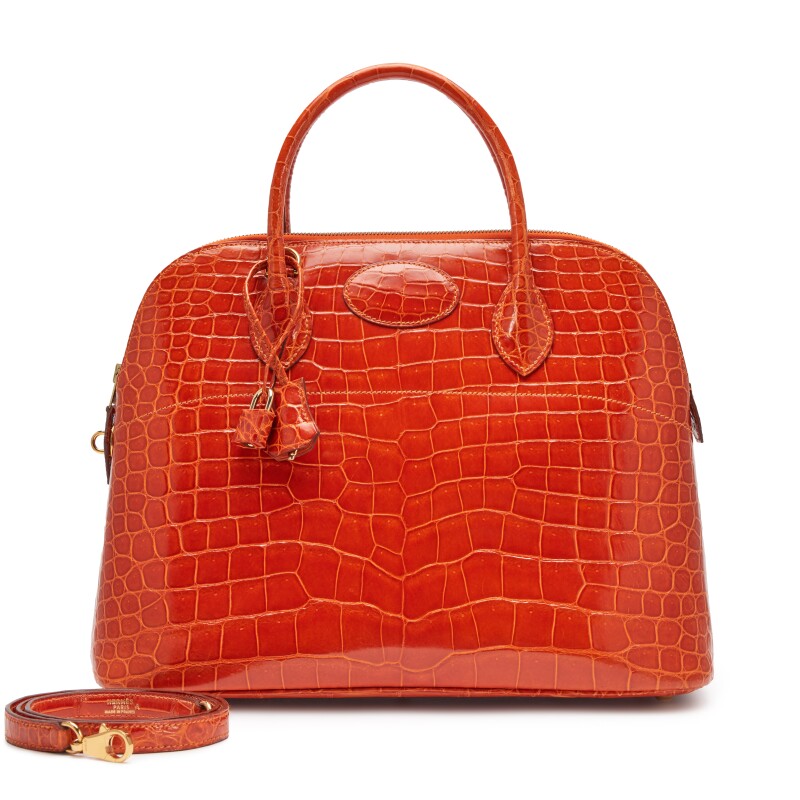Hermes Orange Shiny Porosus Crocodile Bolide 35 Gold Hardware, 1997