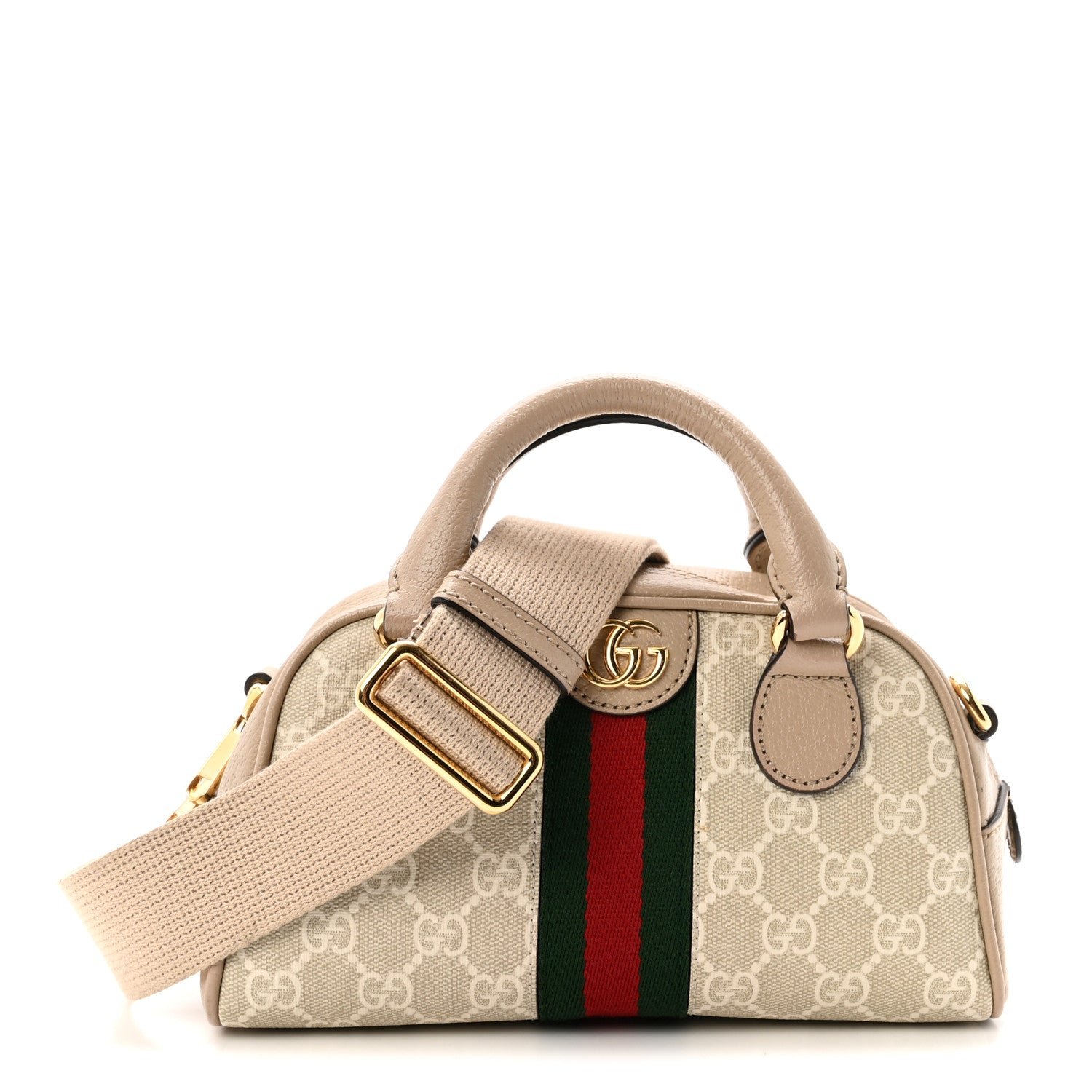 Gucci GG Supreme Monogram Textured Dollar Calfskin Web Mini Ophidia Top Handle Bowler Bag Beige Mystic White Oatmeal