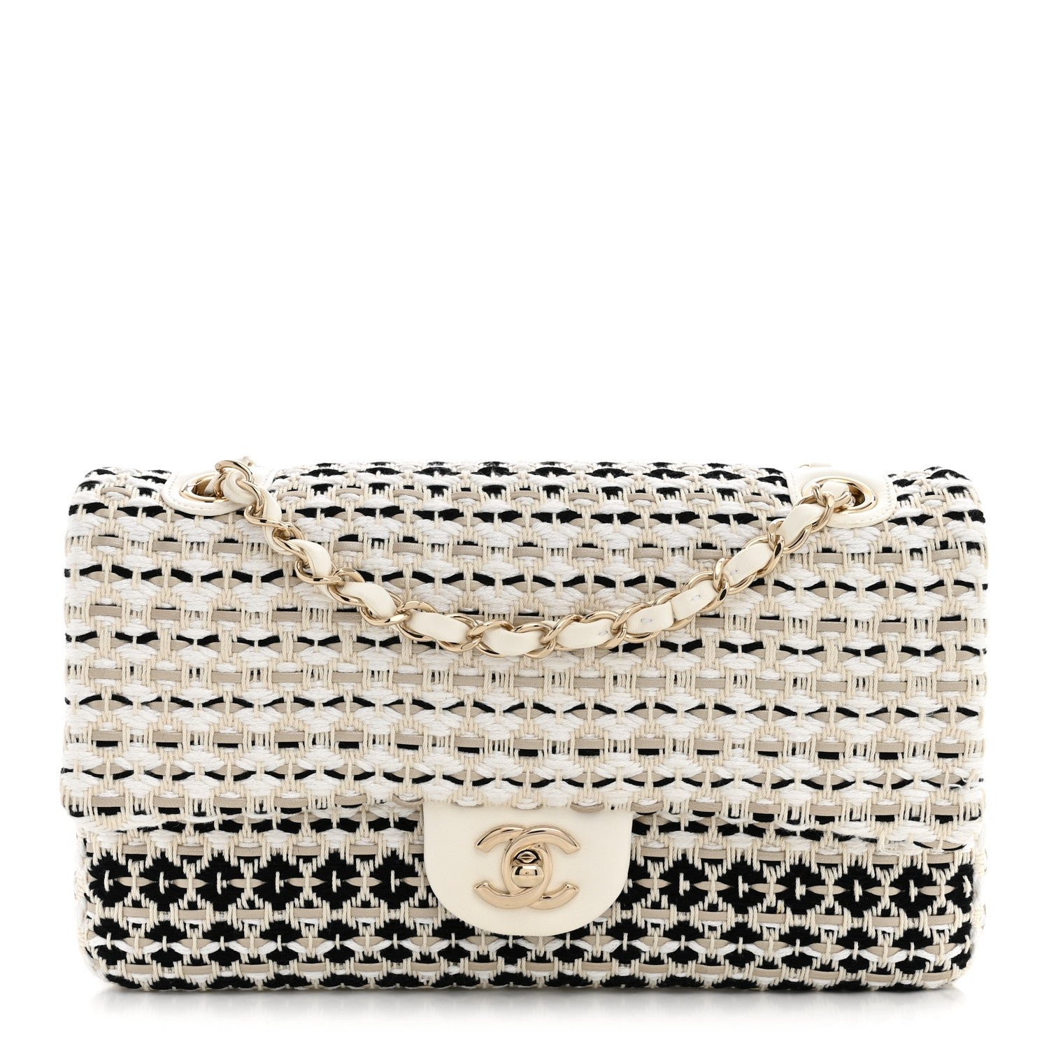 Chanel Cotton Raffia Lambskin Woven Medium Single Flap Beige Beige Black