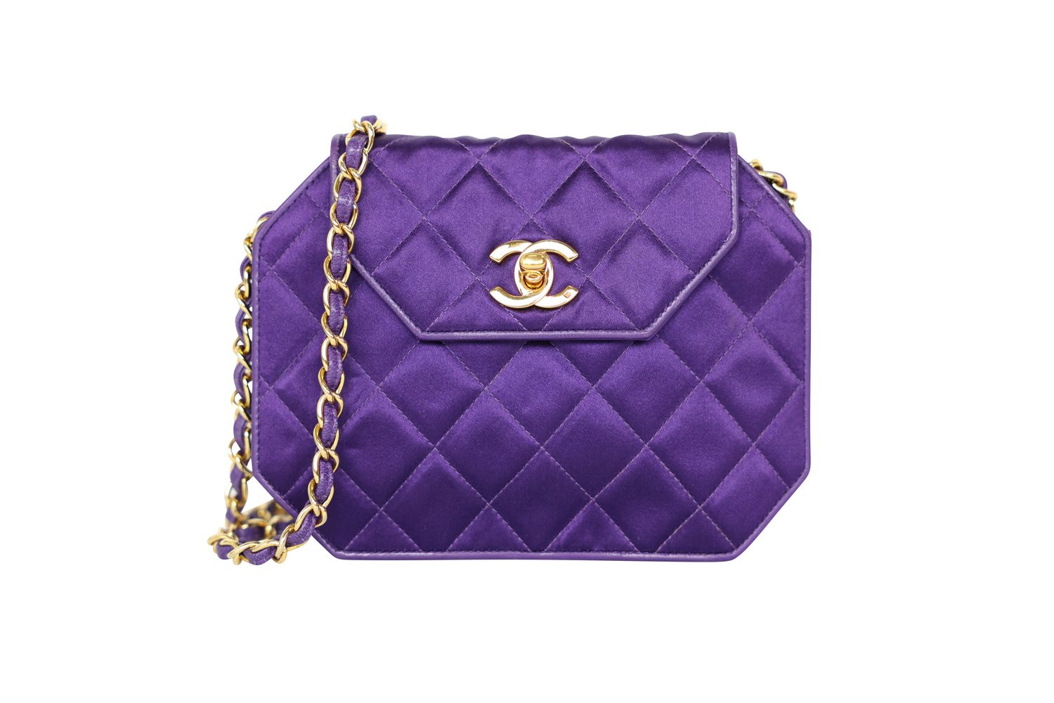 Chanel Vintage Octagon Shoulder Bag, Purple Quilted Satin and Gold Hardware, Preowned No Dustbag WA001