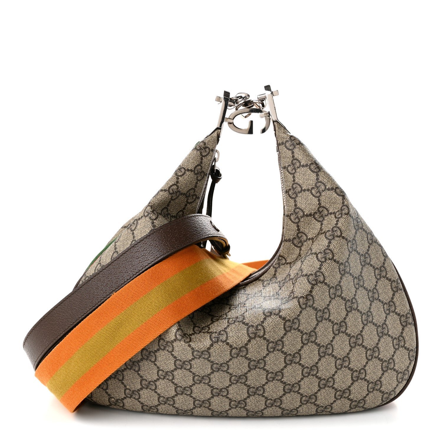 Gucci GG Supreme Monogram Textured Calfskin Web Large Attache Shoulder Bag Beige Ebony New Acero