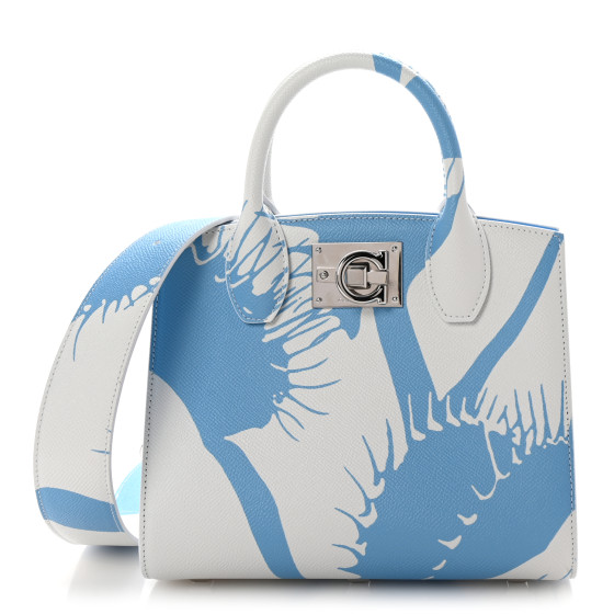 Salvatore Ferragamo Calfskin Print Mini The Studio Bag White Blue