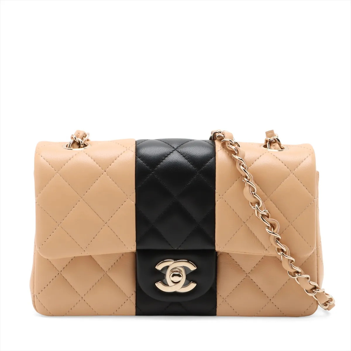 Chanel Mini Matelasse 20 Lambskin Single Flap Single Chain Bag Beige x black Gol