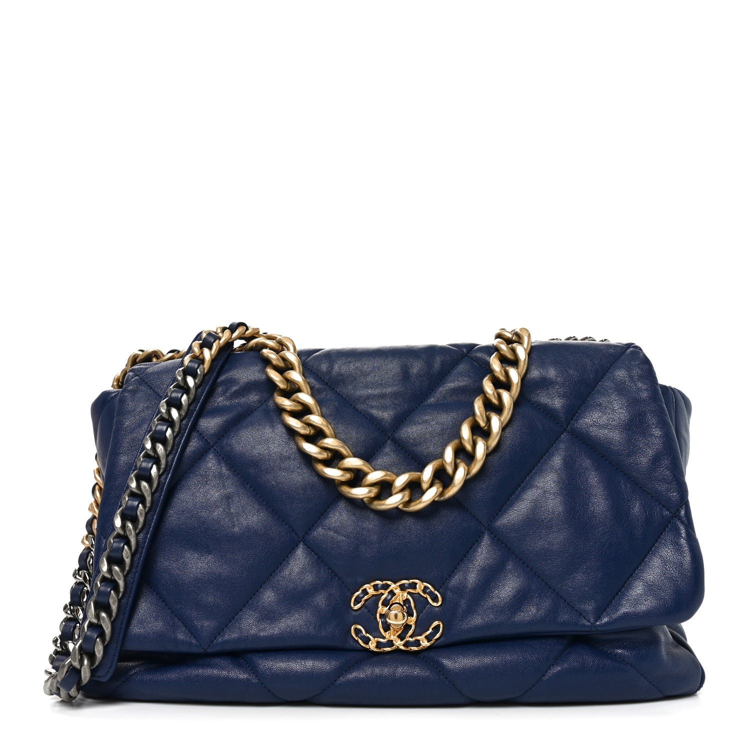 Chanel Goatskin Quilted Maxi Chanel 19 Flap Navy Blue
