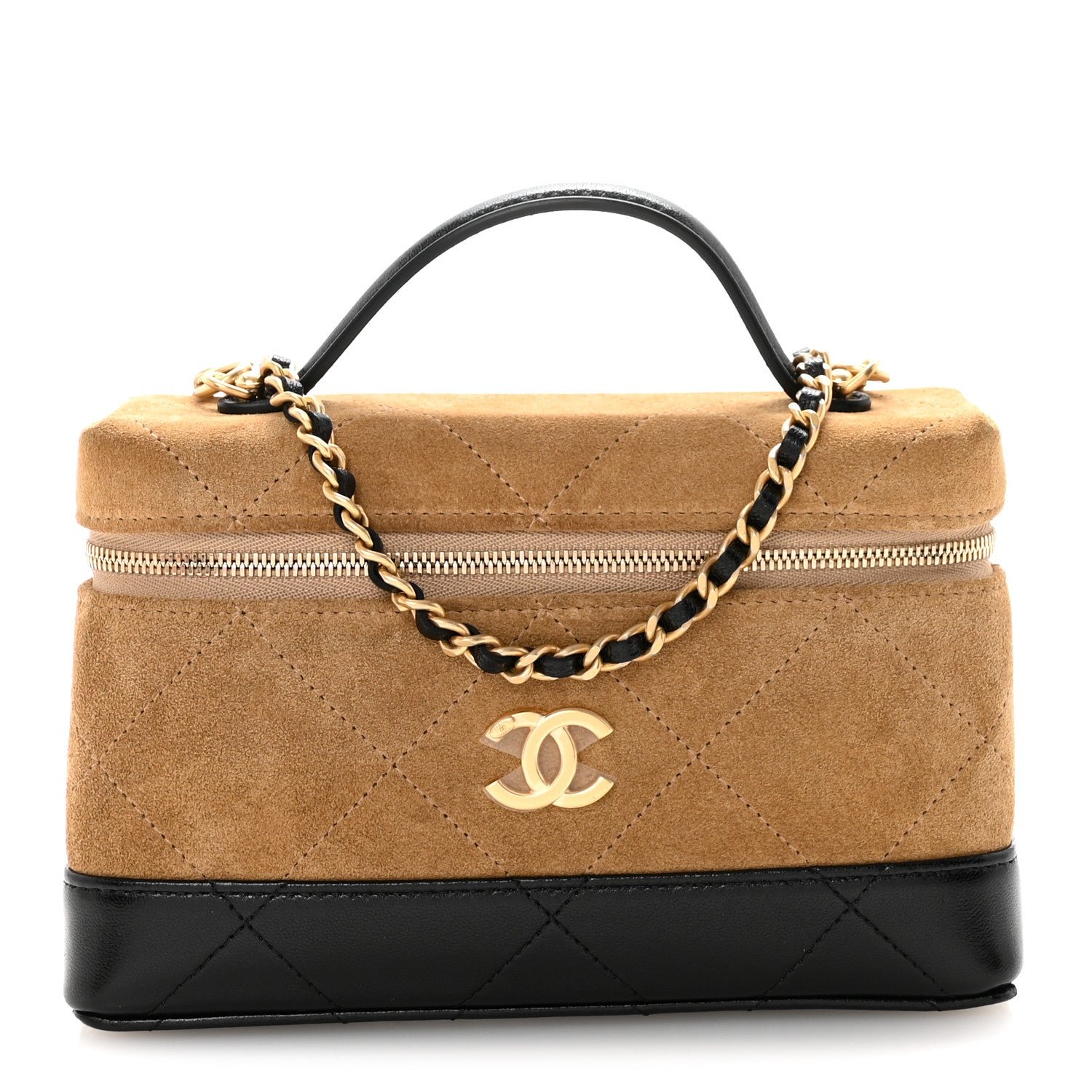 Chanel Suede Calfskin Shiny Lambskin Quilted Top Handle Slim Vanity Case With Chain Beige Black
