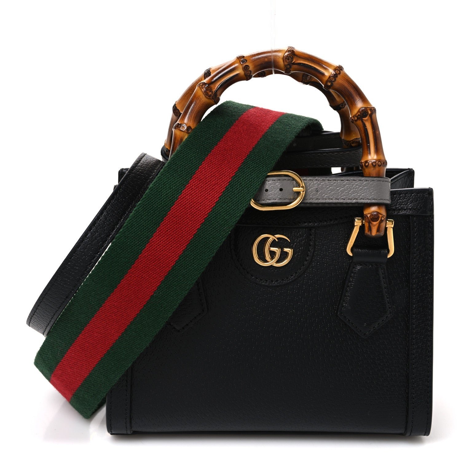 Gucci Textured Dollar Calfskin Web Mini Diana Tote Bag Black Dusty Grey
