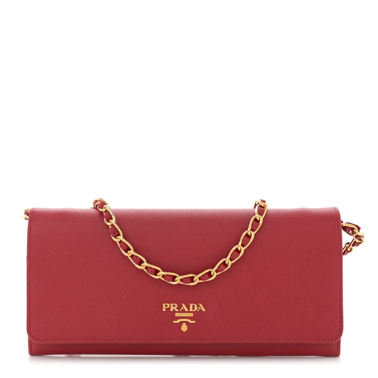 Prada Saffiano Metal Oro Chain Wallet Fuoco