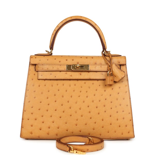 Hermes Pre-owned Hermes Kelly Sellier 28 Tabac Camel Ostrich Gold Hardware