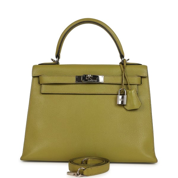 Hermes Vintage Hermes Kelly Sellier 28 Vert Chartreuse Chevre Mysore Palladium Hardware