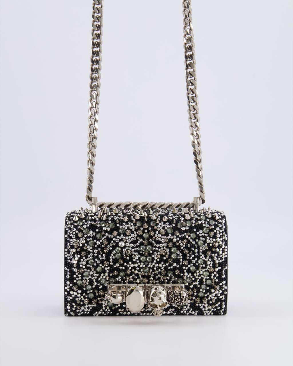 Alexander Mcqueen Black Crystal Embelished Suede Shoulder Bag with Skull and Spike Details