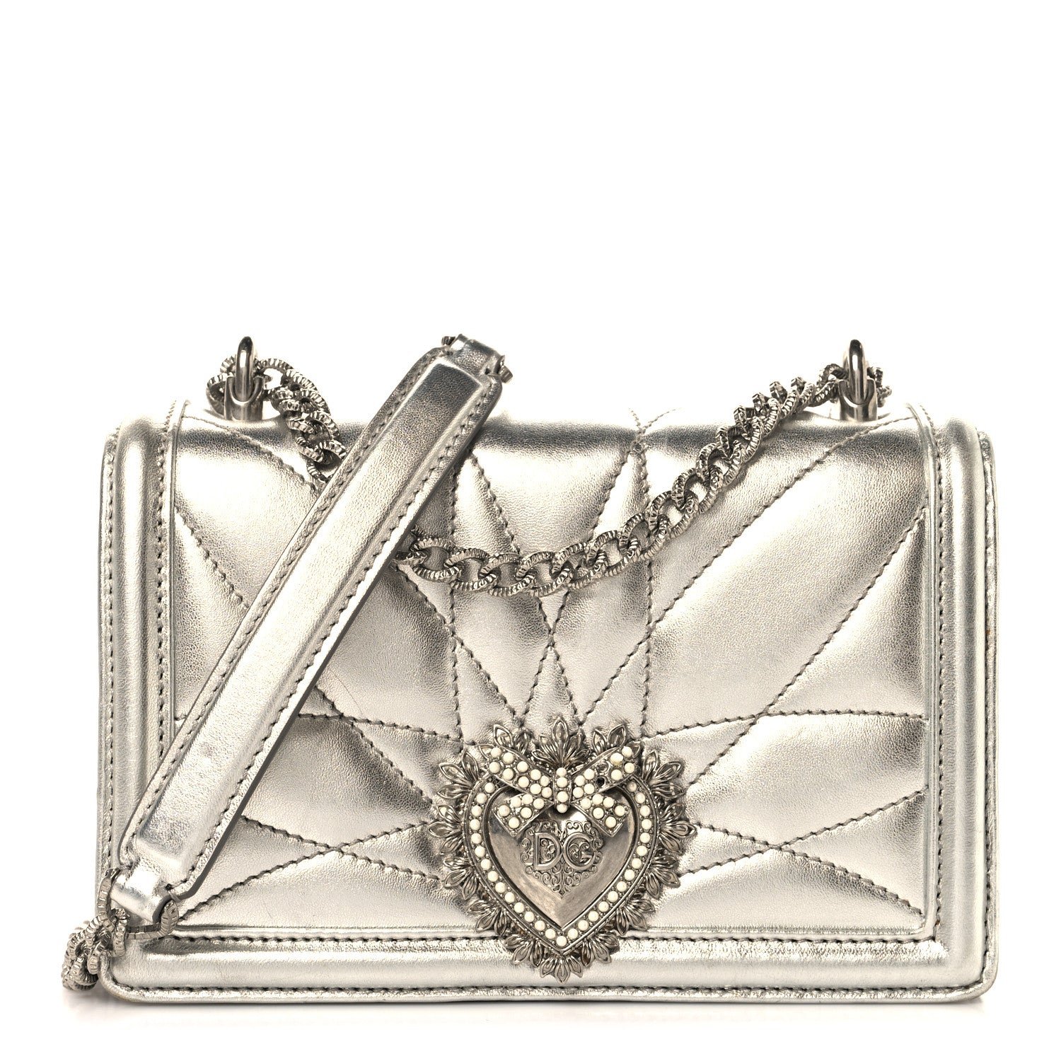 Dolce & Gabbana Metallic Calfskin Small Devotion Crossbody Bag Silver