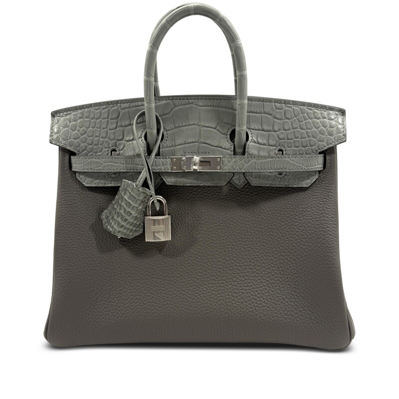 Hermes Limited Edition Gris Meyer Togo and Gris Ciment Matte Alligator Touch Birkin 25 Palladium Hardware, 2024