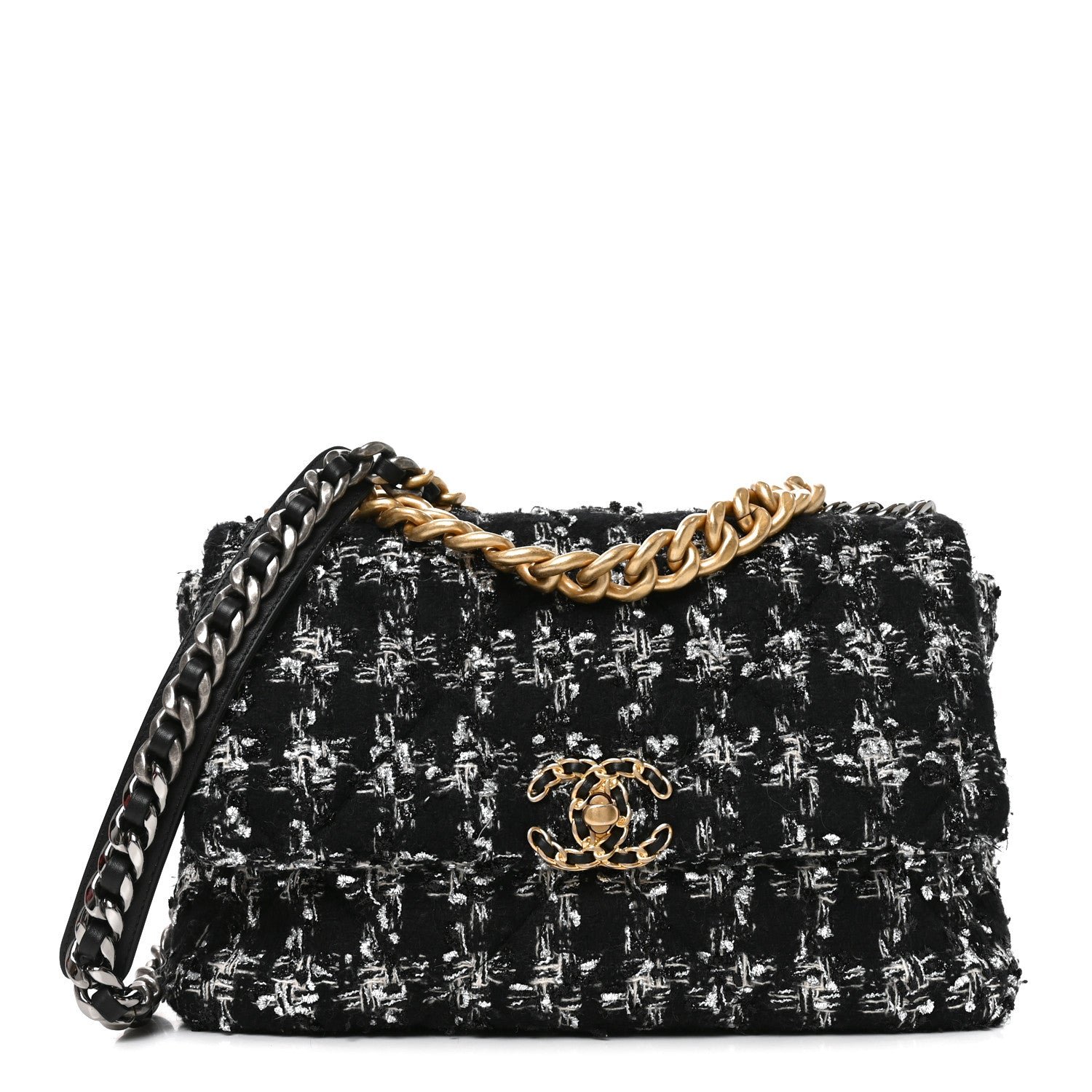 Chanel Tweed Quilted Large Chanel 19 Flap Black Silver Ecru