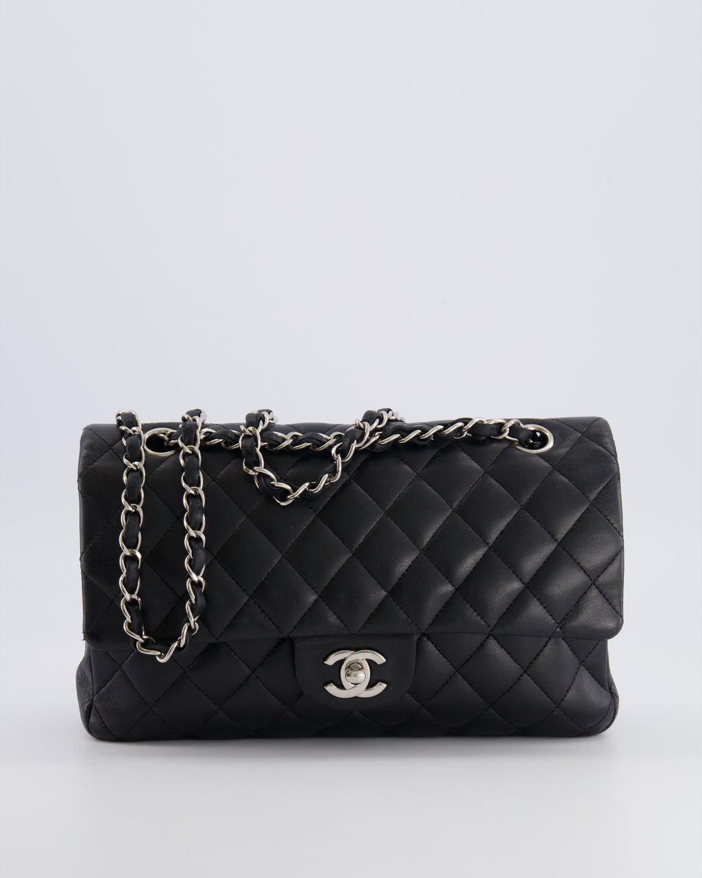 Chanel Medium Black Classic Double Flap Bag in Lambskin Leather with Silver Hardware