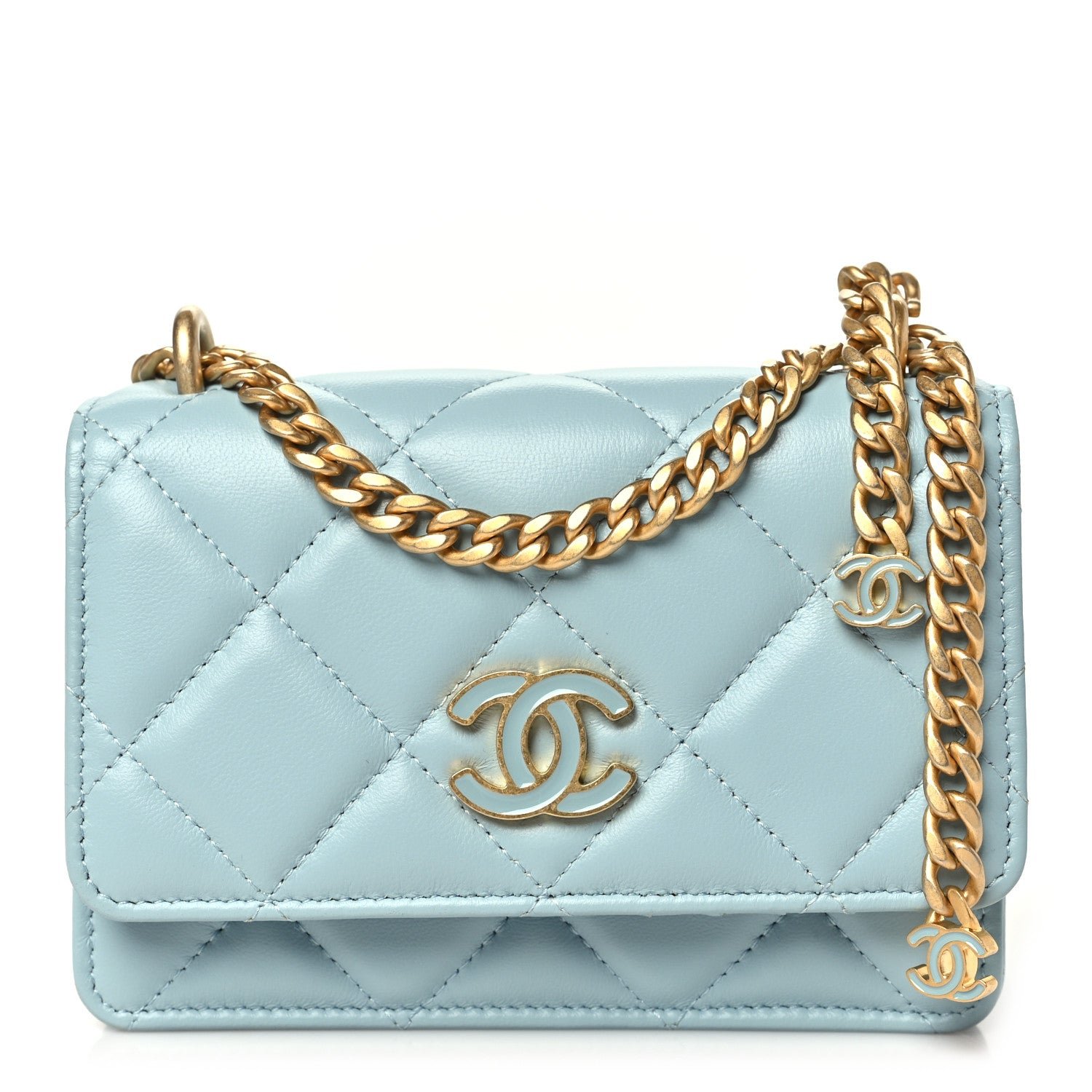 Chanel Lambskin Enamel Quilted Pending CC Clutch With Chain Light Blue