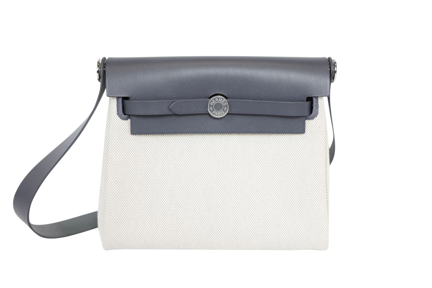 Hermes Hermes Herbag Zip 20 Bag, Ecru H Canvas and Gray Hunter Cowhide with Palladium Hardware, W 2024 Stamp, New in Box WA001