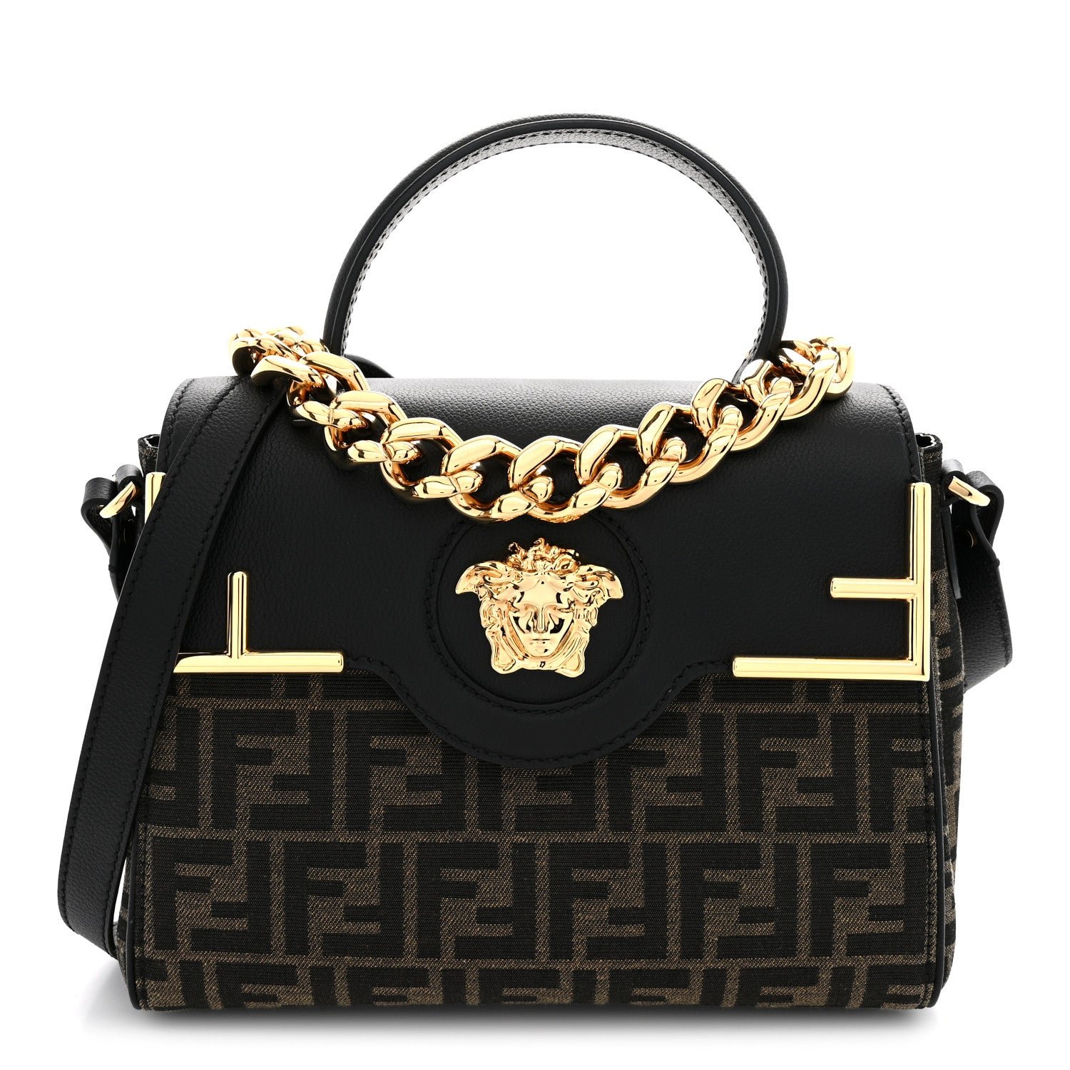 Versace X FENDI Grained Calfskin Fendace Medium La Medusa Top Handle Bag Black Brown