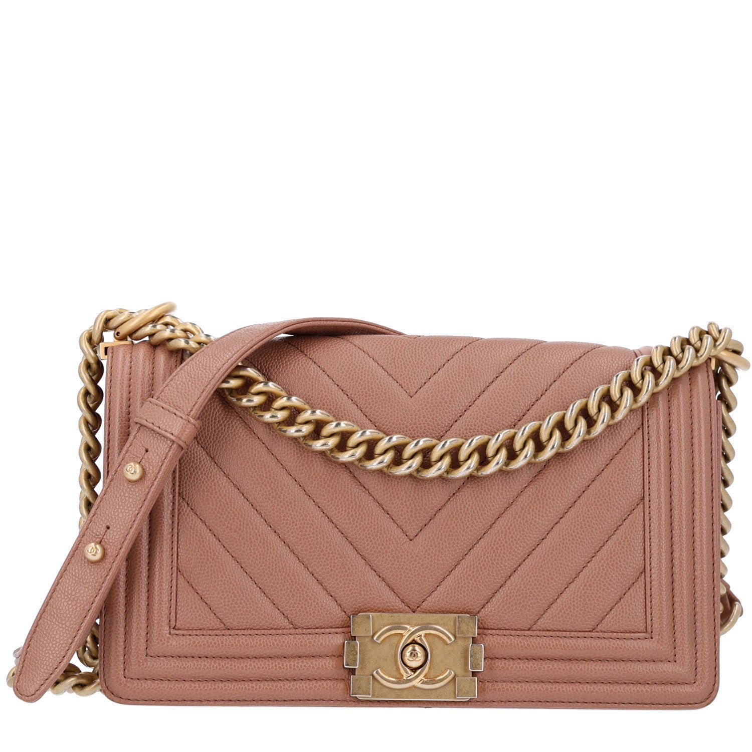 Chanel Caviar Chevron Quilted Medium Boy Flap Dark Beige