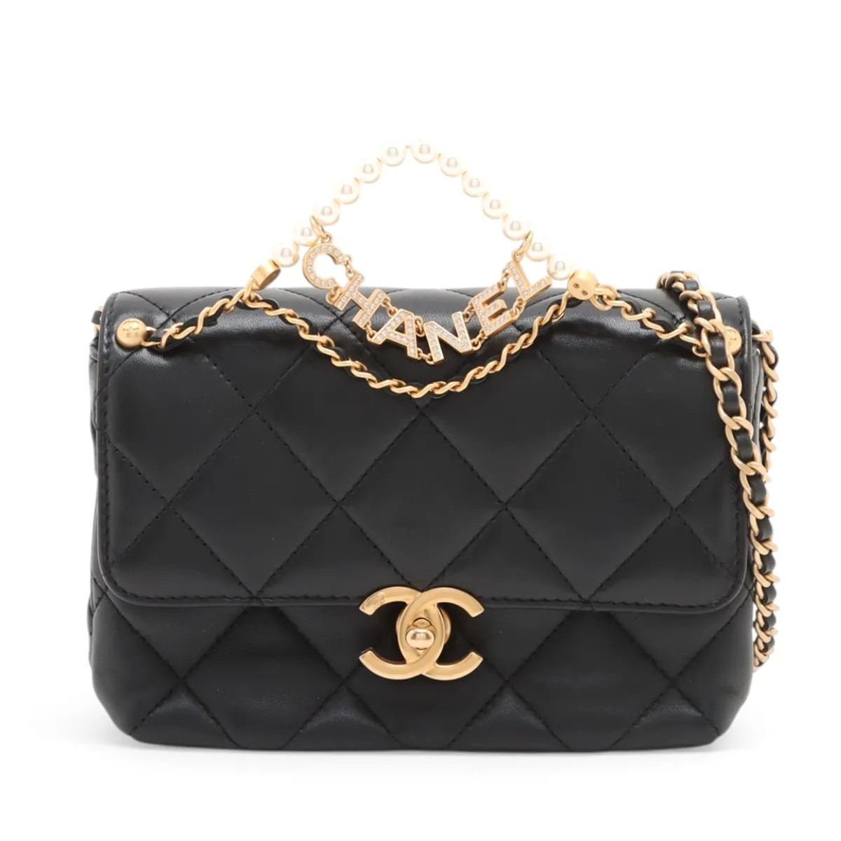 Chanel Matelasse Lambskin Chain Shoulder Bag Pearl Black Gold Metal Fittings ran