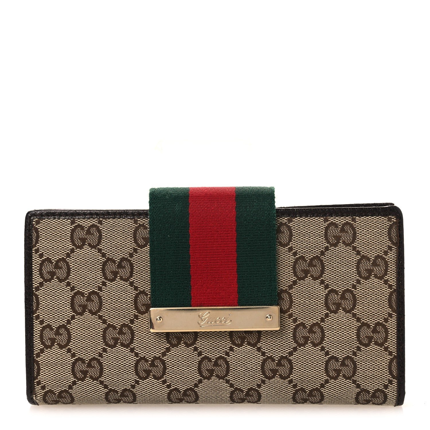 Gucci Monogram Calfskin Ladies Web Continental Wallet Beige Ebony Cocoa