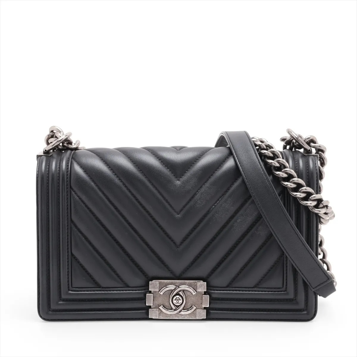 Chanel BOY CHANEL 25 Lambskin Chain Shoulder Bag Black Gunmetal Fittings 22XXXXX