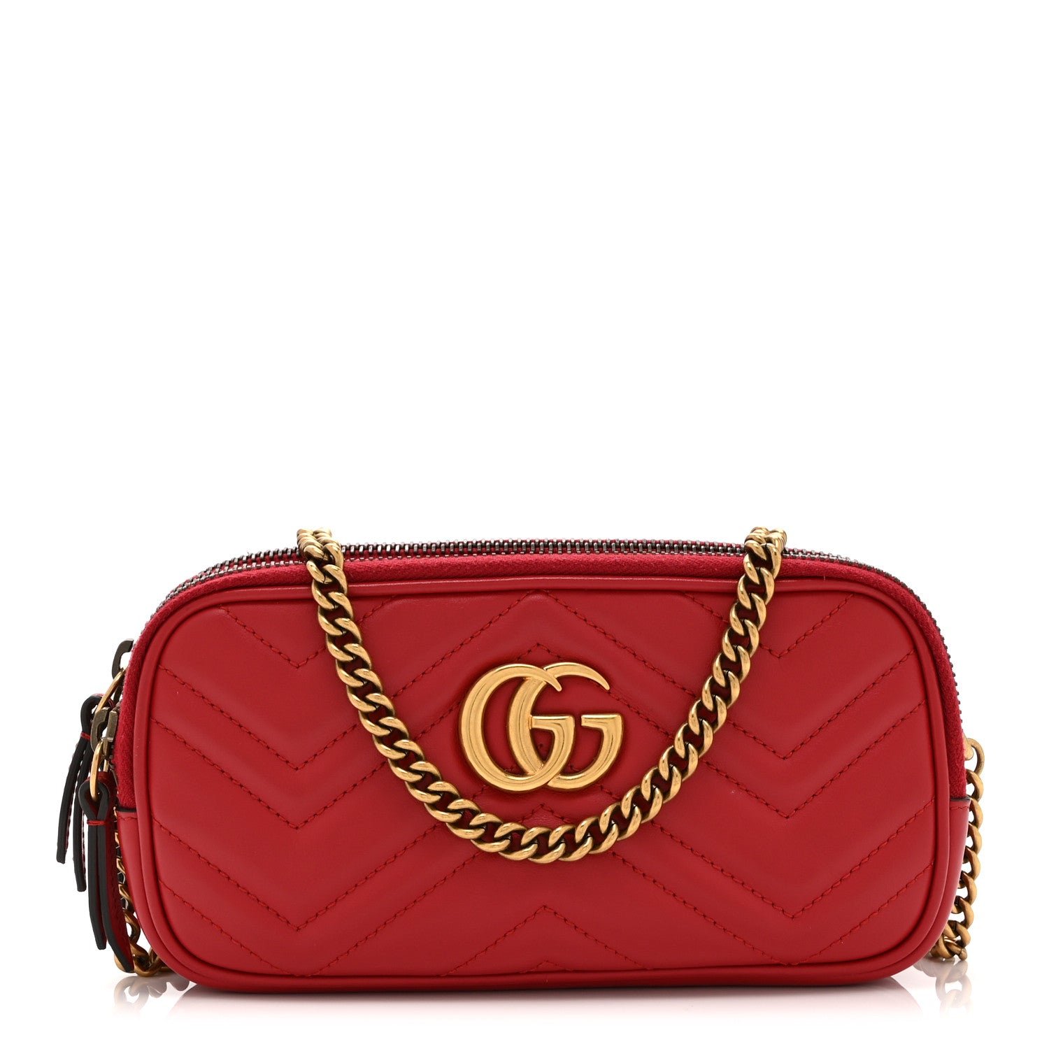 Gucci Calfskin Matelasse Mini GG Marmont Chain Crossbody Bag Hibiscus Red