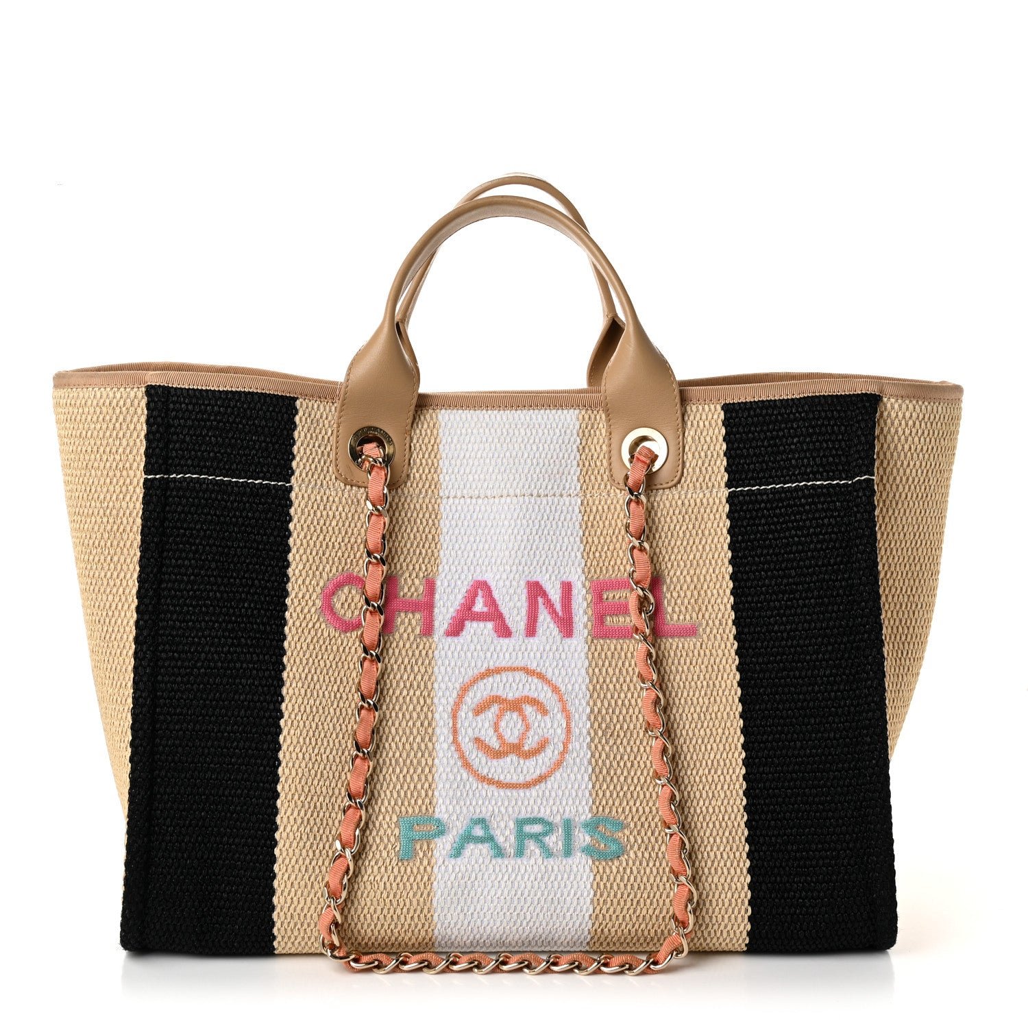 Chanel Straw Raffia Calfskin Striped Medium Deauville Tote Black Beige Ivory