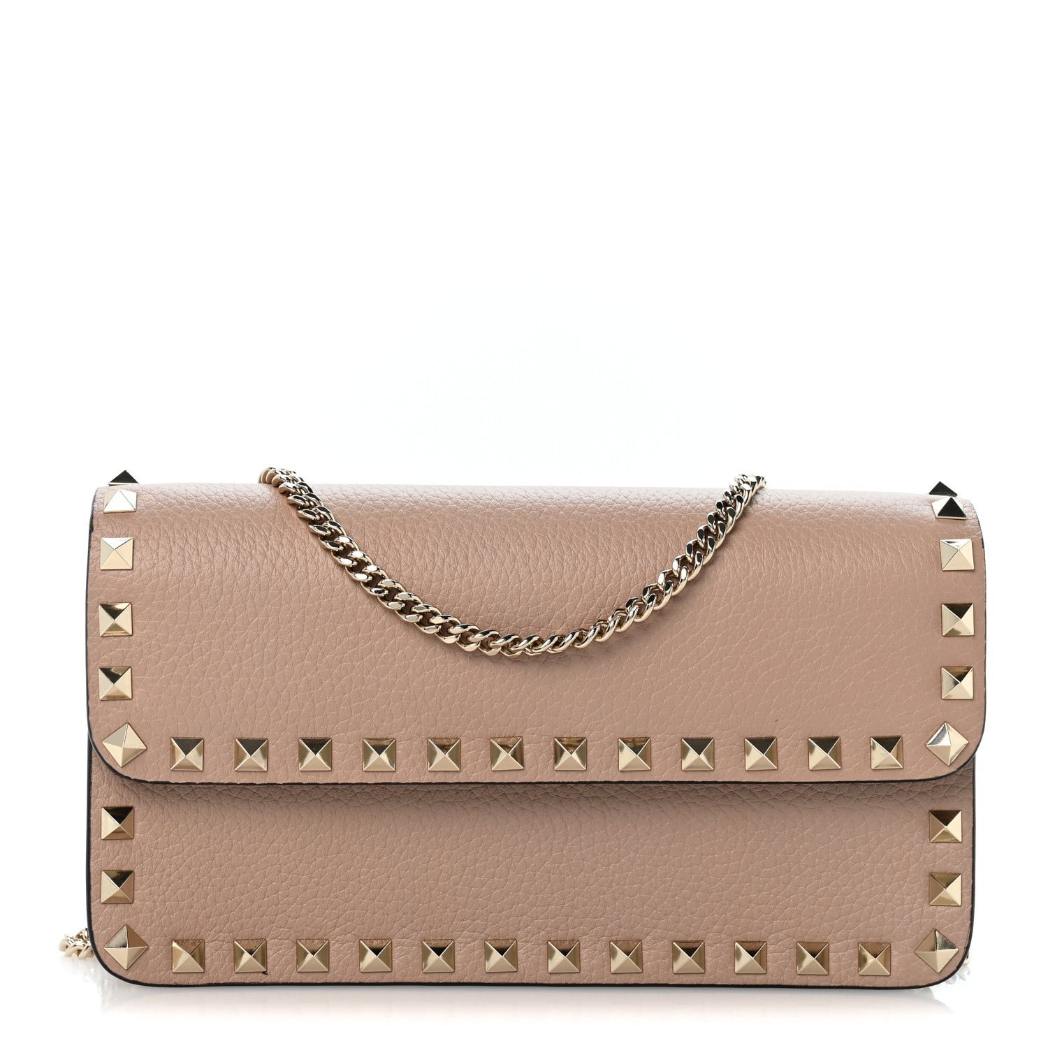 Valentino Garavani Pebbled Calfskin Rockstud Flap Wallet On Chain Poudre