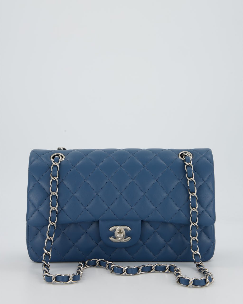 Chanel Denim Blue Medium Classic Double Flap Bag in Lambskin Leather with Silver Hardware