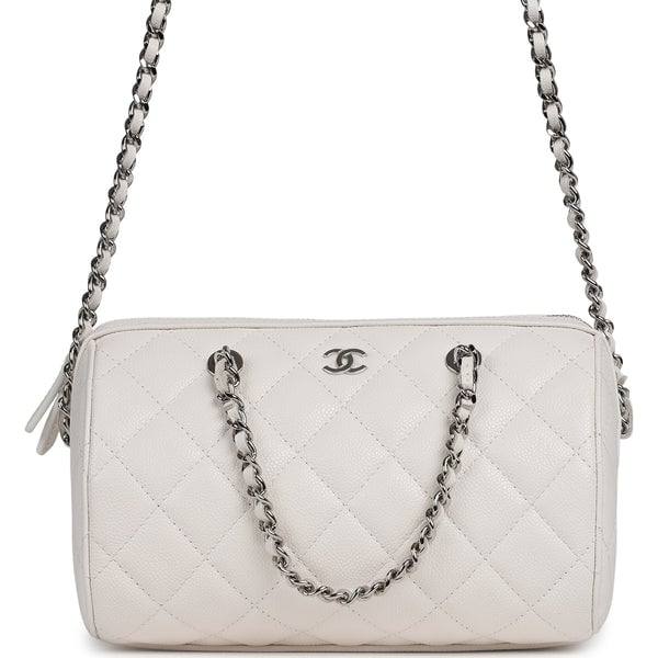 Chanel Mini Timeless Classic Barrel Bag with Chain White Shiny Caviar Silver Hardware