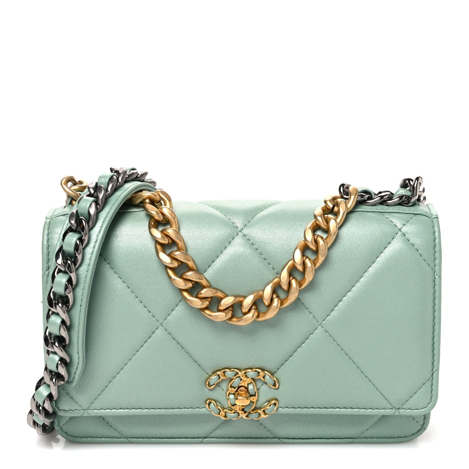 Chanel Lambskin Quilted Chanel 19 Wallet On Chain WOC Light Green