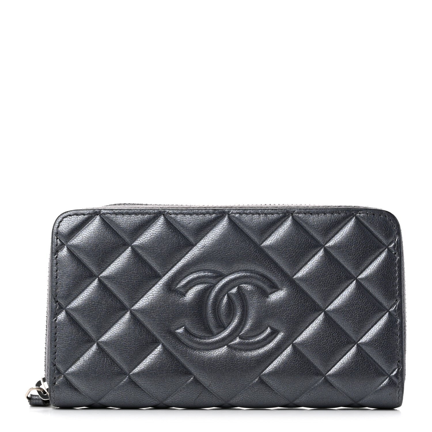 Chanel Metallic Lambskin Quilted Diamond Zip Around Wallet Dark Silver