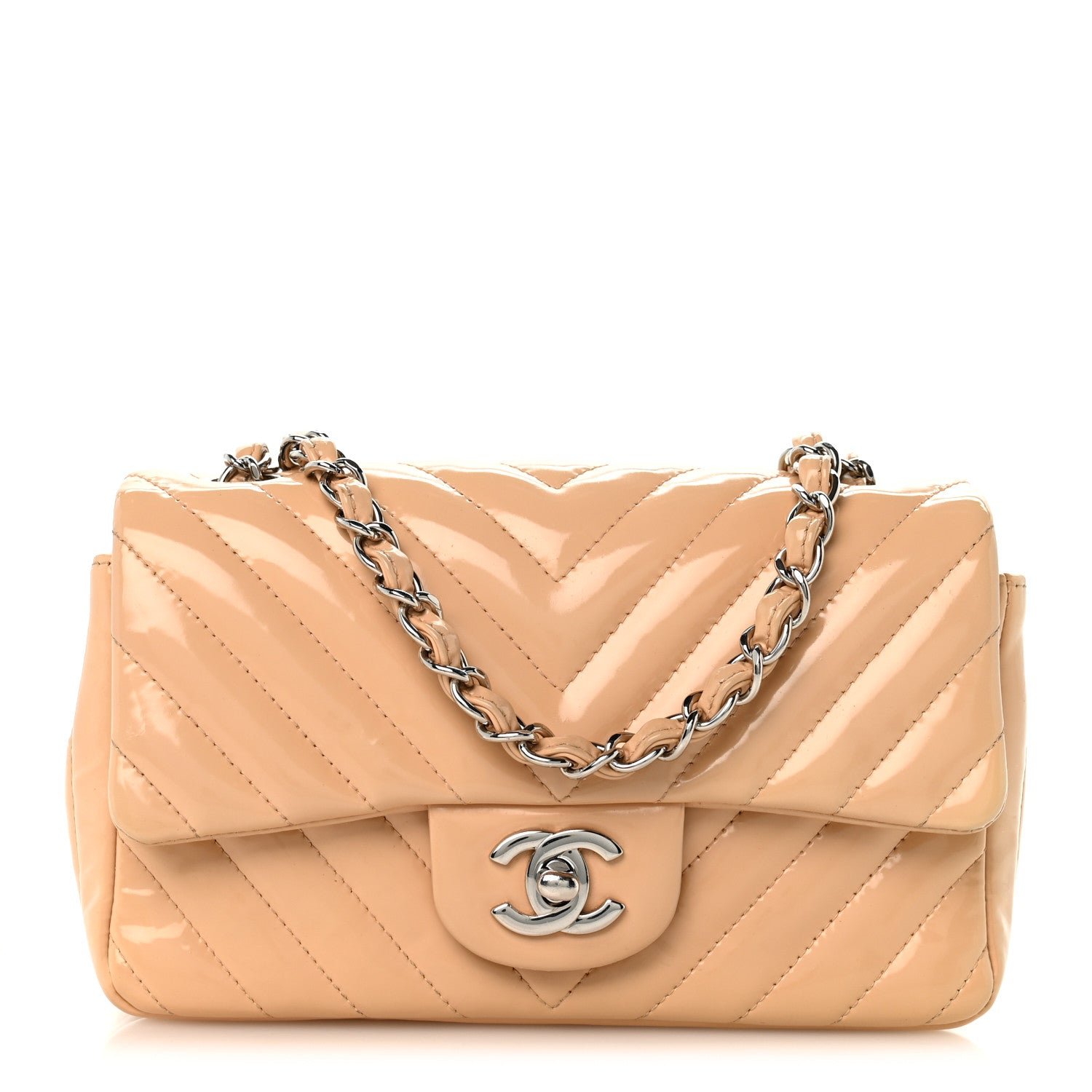 Chanel Patent Chevron Quilted Mini Rectangular Flap Beige