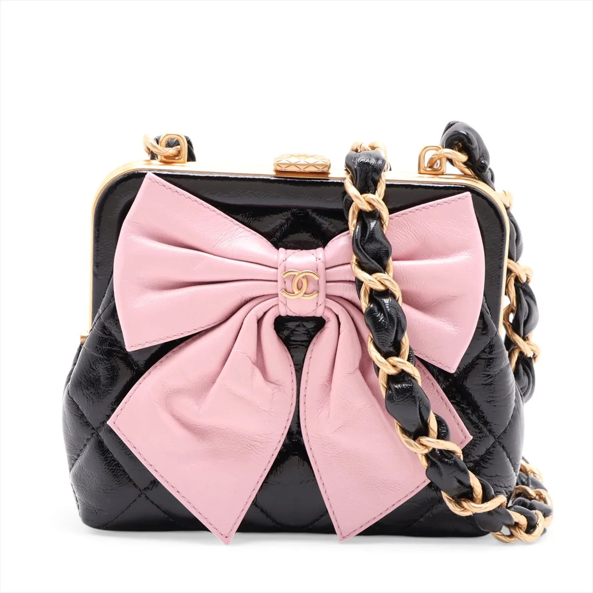 Chanel Matelasse Leather Chain Shoulder Bag Gamaguchi Ribbon Black x pink Gold M