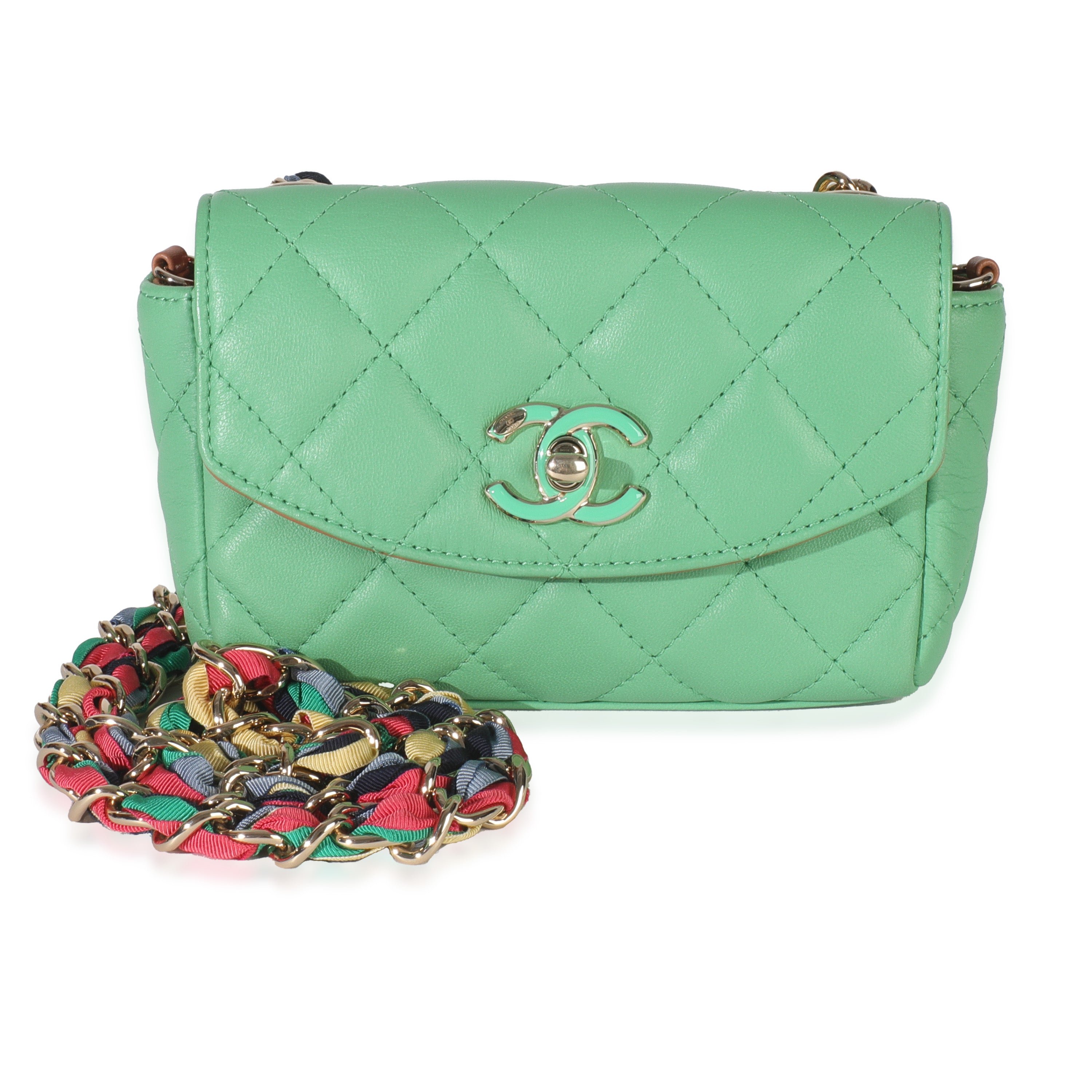 Chanel Green Quilted Lambskin Ribbon Chain Mini Flap Bag