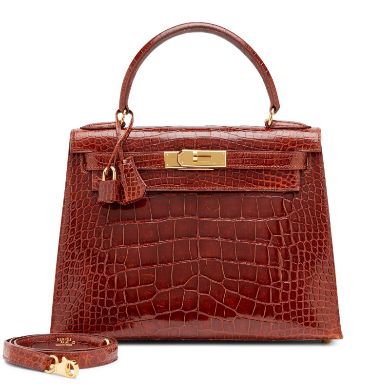Vintage Miel Brown Shiny Alligator Sellier Kelly 28 Gold Hardware, 1999