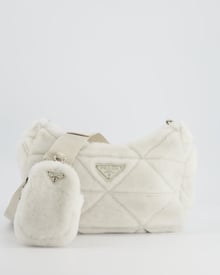 Prada Prada Off-White Re-Edition 2000 Quilted Shearling Shoulder Bag with Silver Hardware