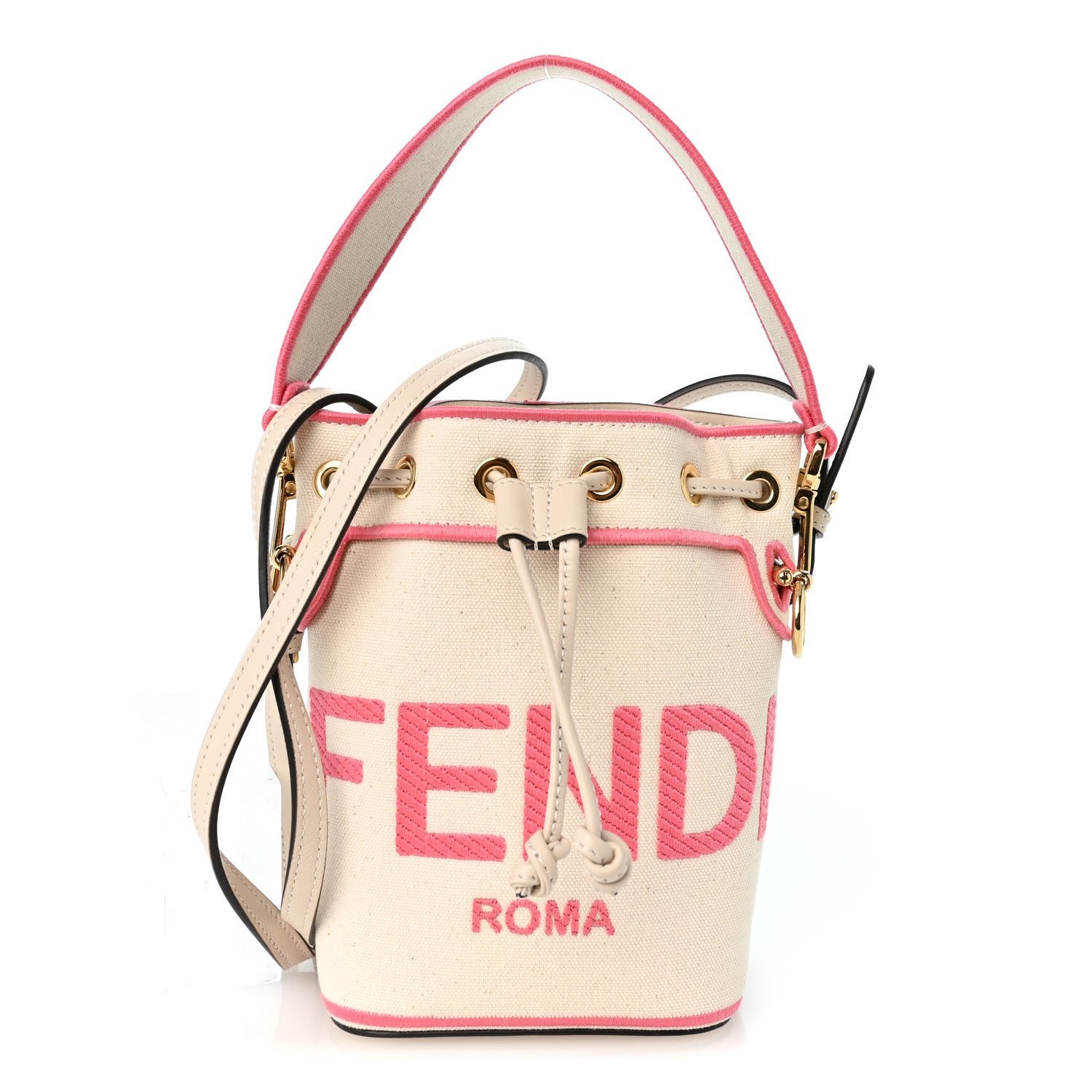 Fendi Canvas Vitello Grace F is Fendi Logo Embroidered Mini Mon Tresor Bucket Bag Grezzo Pink