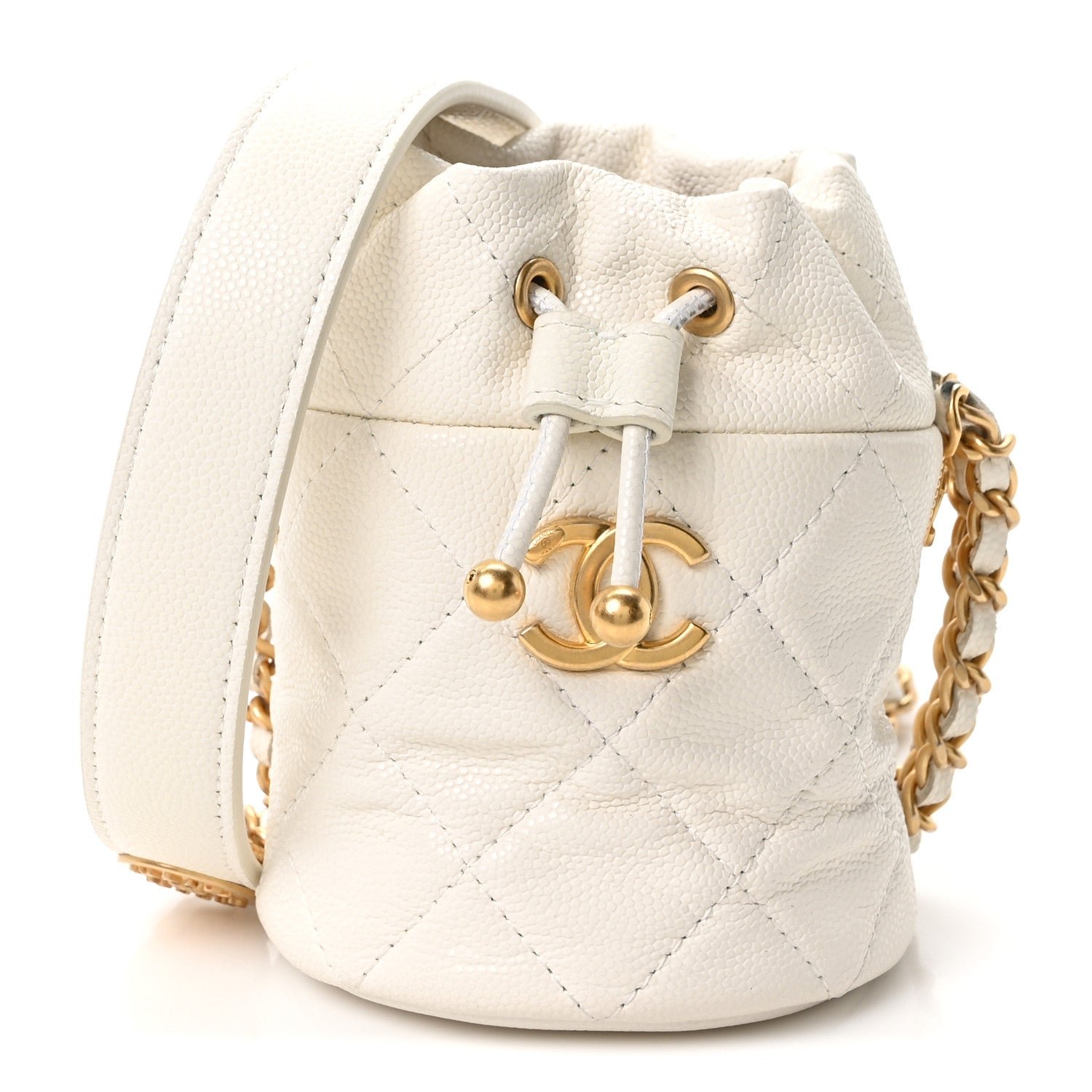 Chanel Caviar Quilted Twist Your Buttons Mini Bucket Bag White
