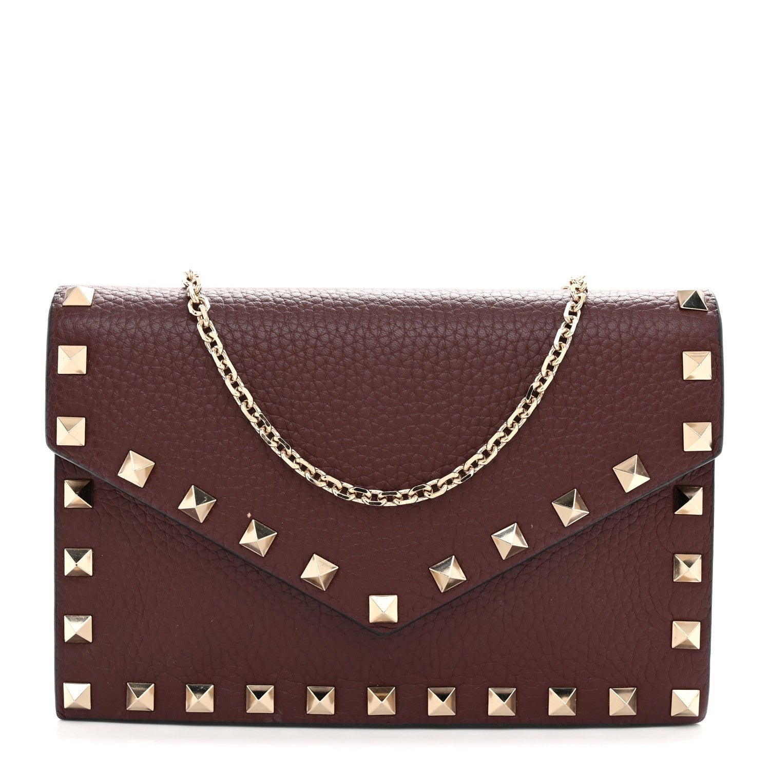 Valentino Garavani Pebbled Calfskin Rockstud Envelope Wallet on Chain Vinaccia