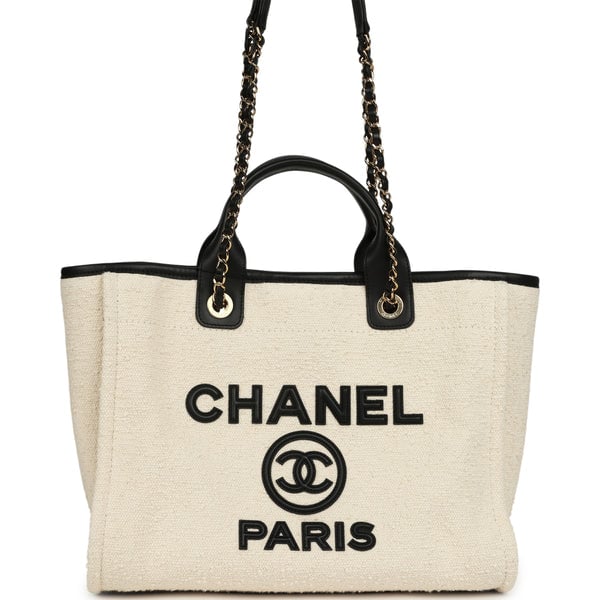 Chanel Small Deauville Shopping Tote Ecru Bouclé Tweed, Black Calfskin Gold Hardware