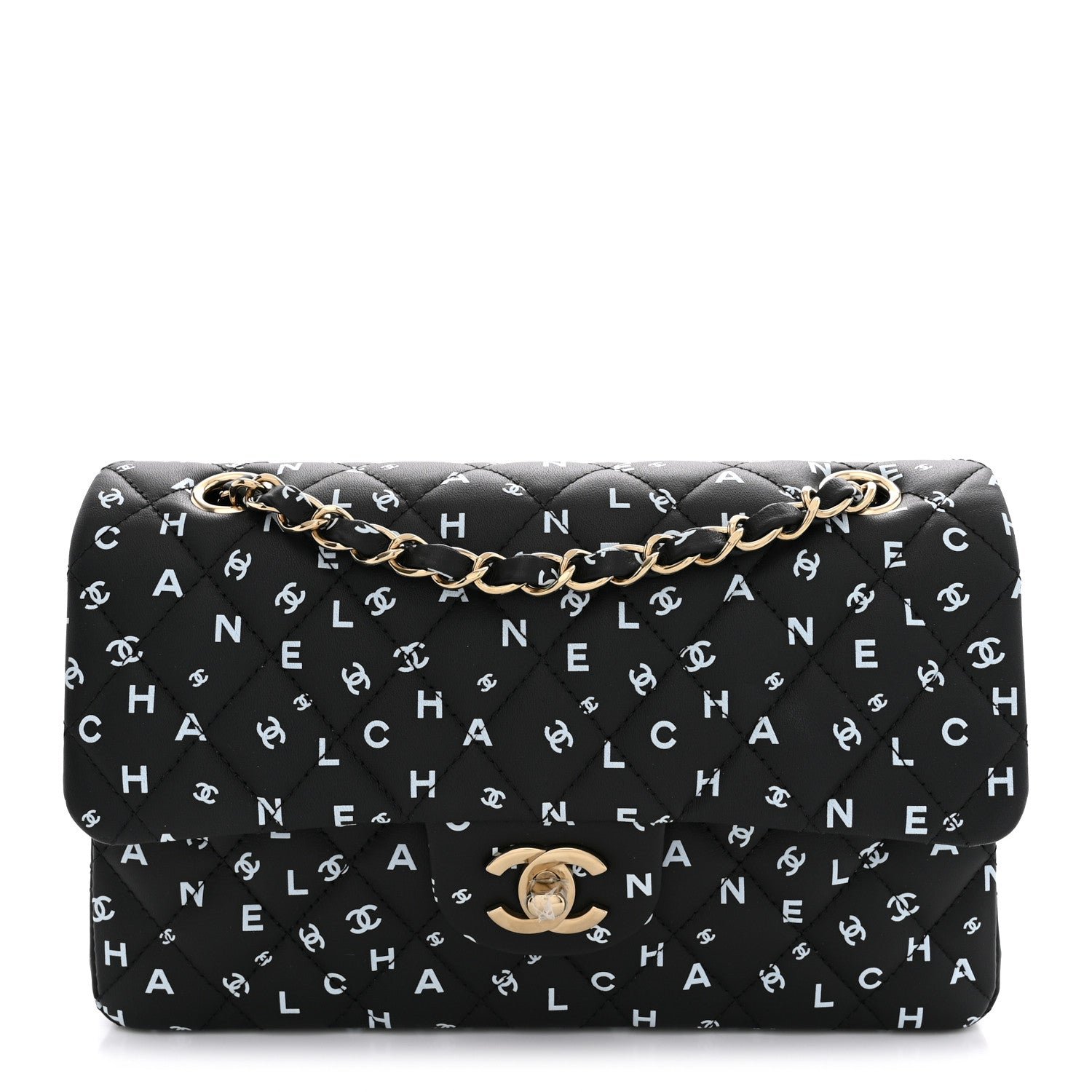 Chanel Lambskin Quilted Logo CC Printed Small Double Flap Black White