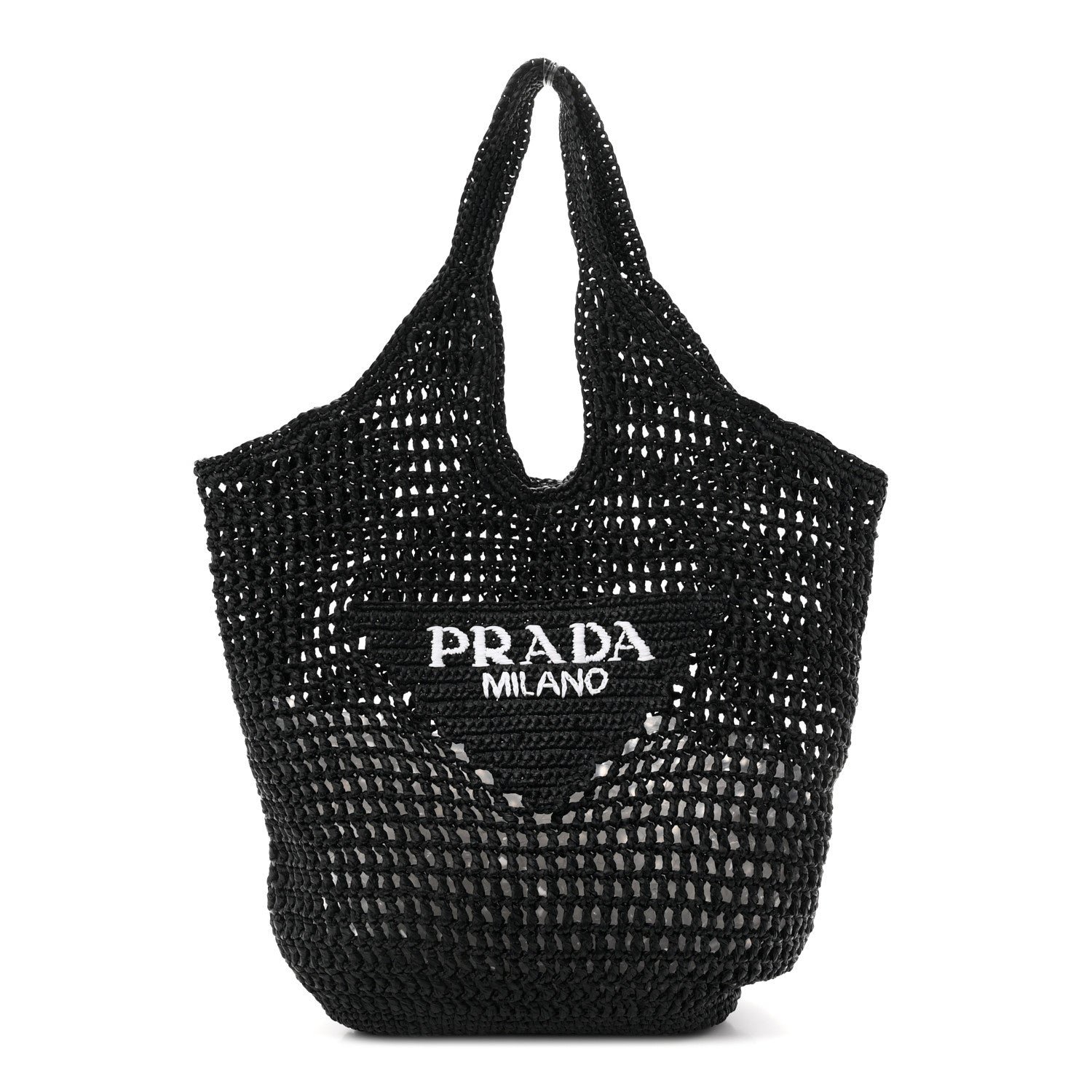 Prada Yarn Raffia Effect Crochet Logo Embroidered Shopping Tote Bag Black
