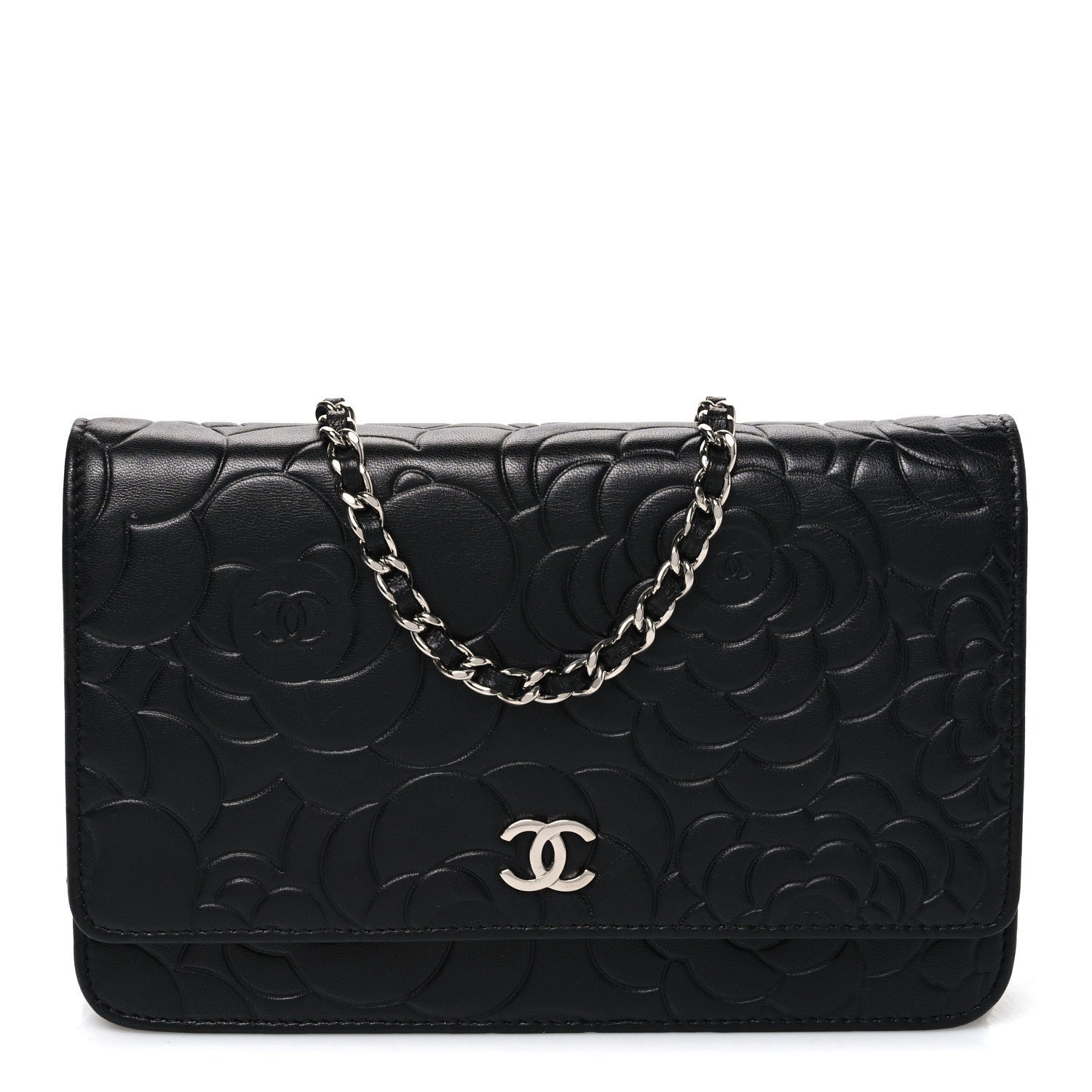 Chanel Lambskin Camellia Embossed Wallet On Chain WOC Black