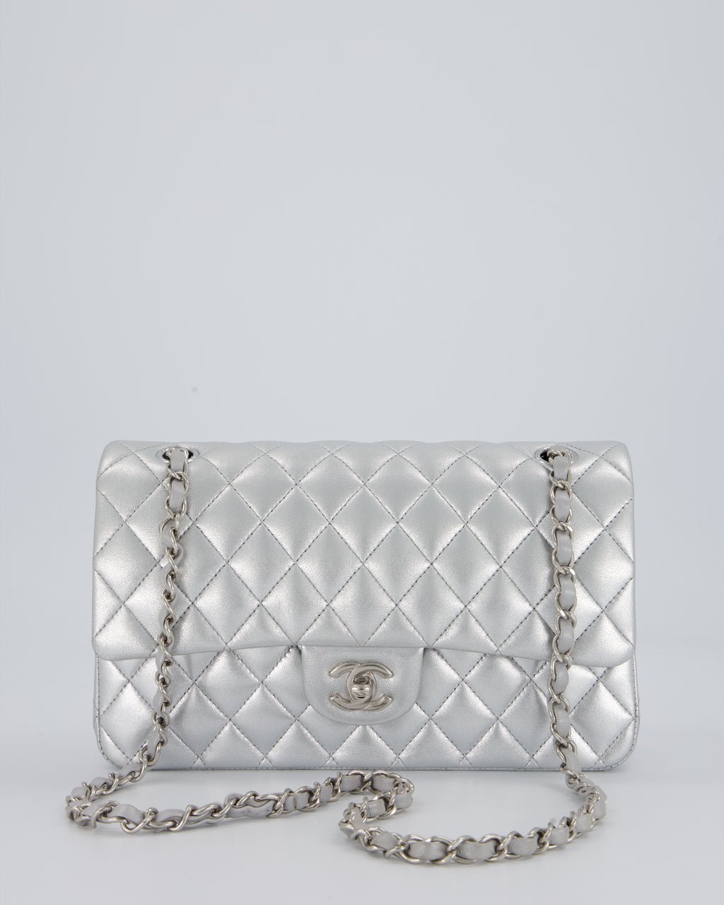 Chanel Metallic Silver Medium Classic Double Flap Bag in Lambskin Leather with Silver Hardware