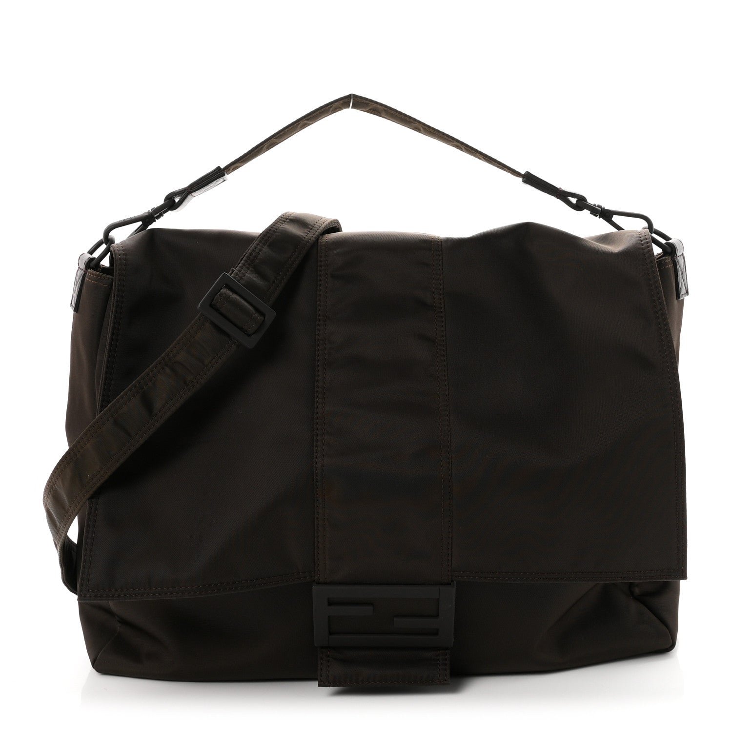 Fendi Econyl Nylon Cuoio Romano Monochrome Large Baguette Messenger Bag Ebano