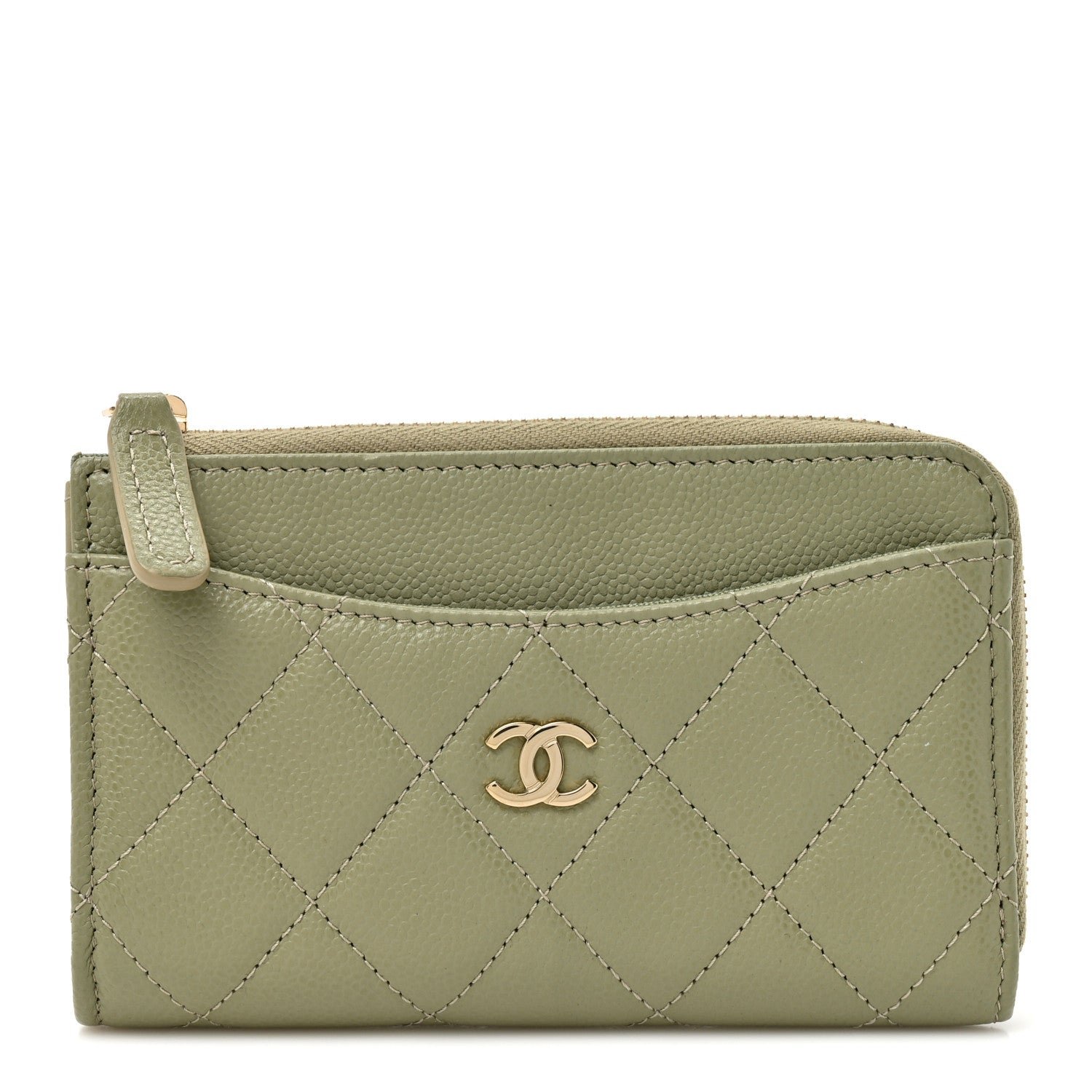 Chanel Caviar Quilted CC Zip Around Card Holder Khaki