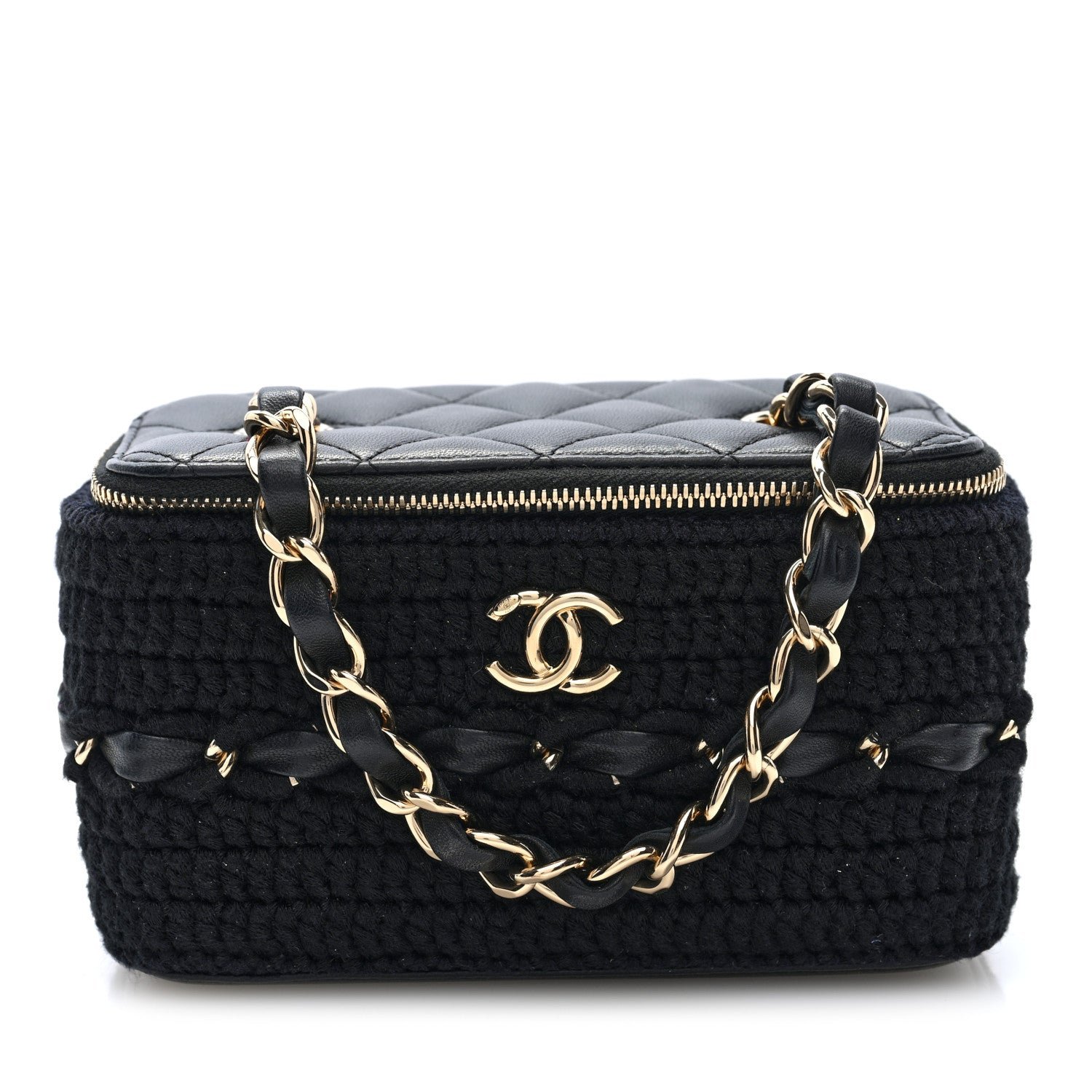 Chanel Lambskin Crochet Quilted Small Vanity Case With Chain Black