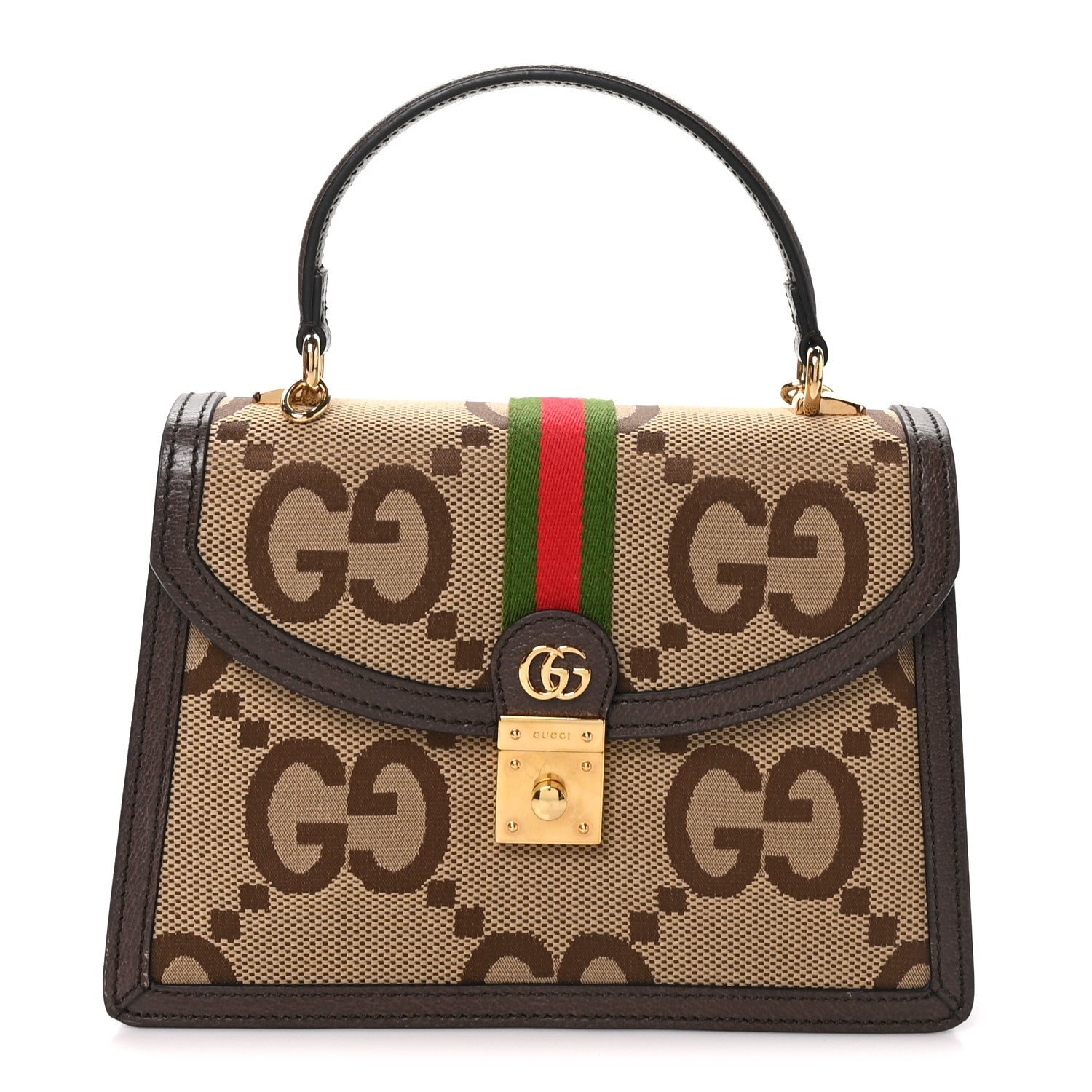 Gucci Monogram Jumbo GG Textured Dollar Calfskin Web Small Ophidia Padlock Top Handle Bag Camel Ebony New Acero
