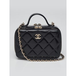 Chanel Black Quilted Shiny Lambskin Leather Mini Double Zip Vanity Case Bag